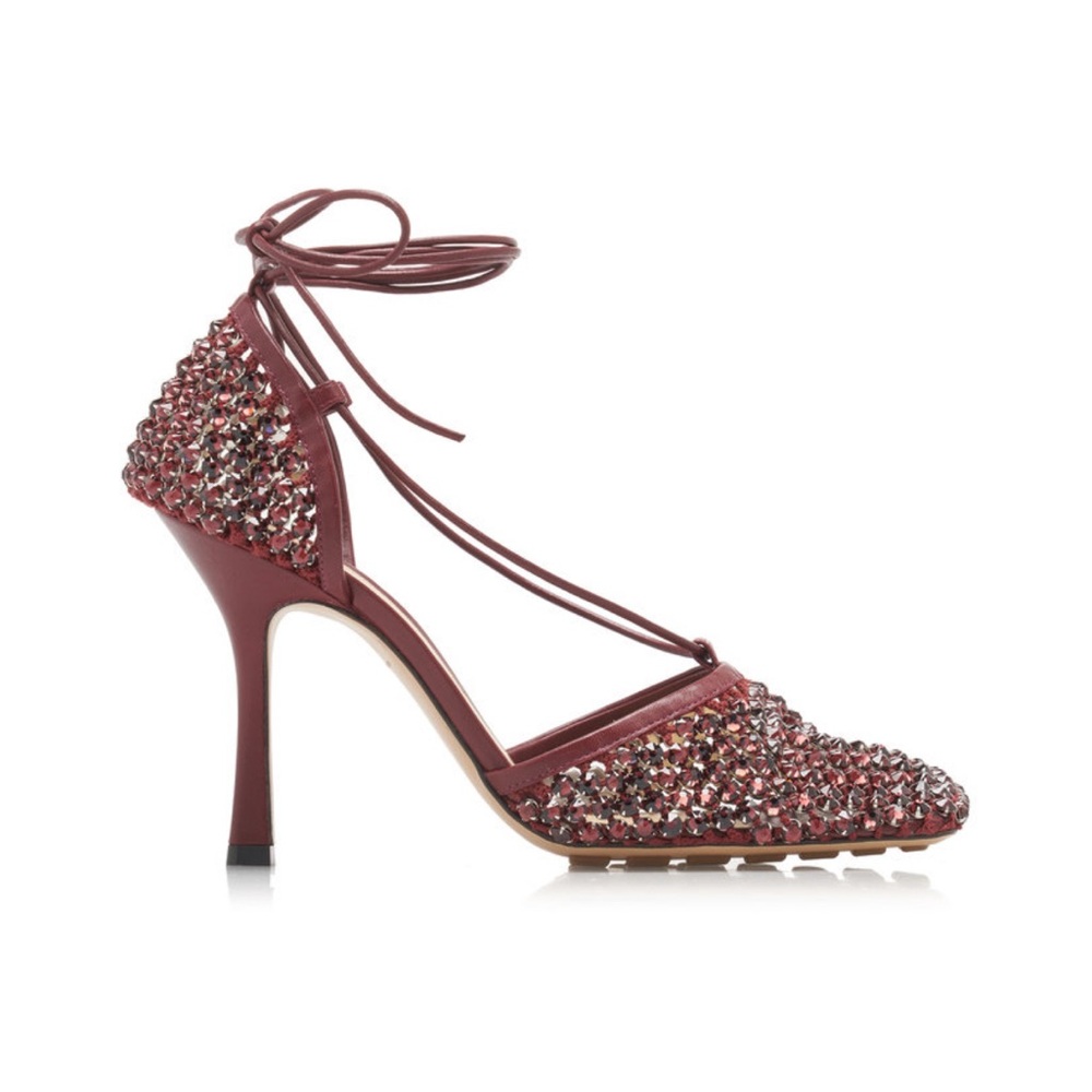 Bottega Veneta Sparkle Stretch Crystal Embellished Mesh Pumps 37.5 Cherry